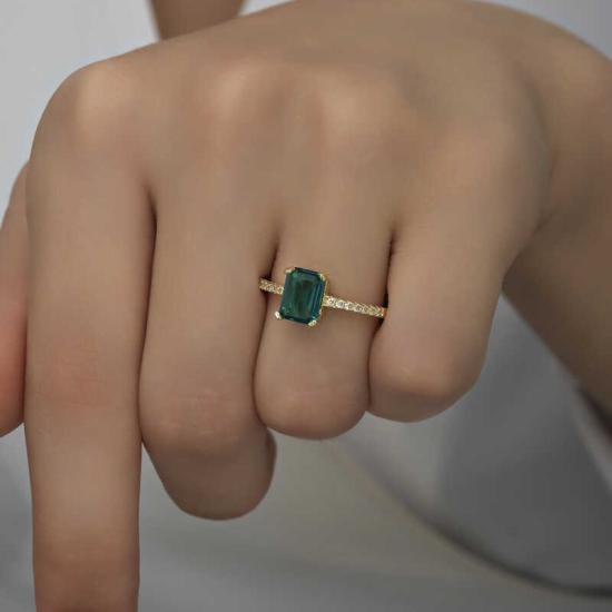 Silver Gold Green Baguette Stone Women’s Ring