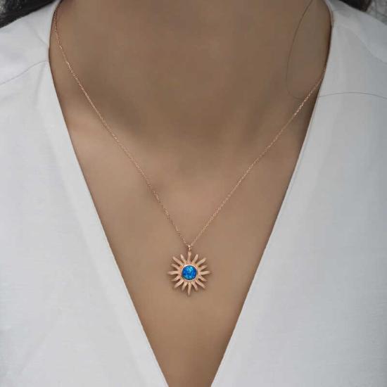Silver Rose Blue Opal Stone Sun Women’s Necklace