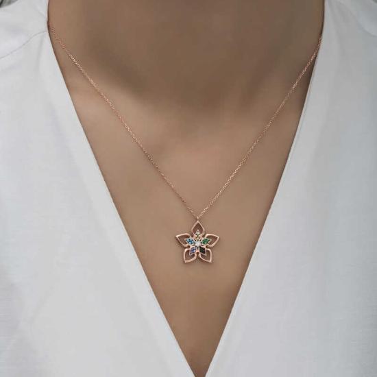 Silver Rose Color Stone Flower Women’s Necklace