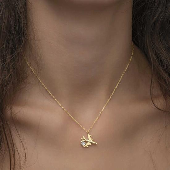 Silver Gold Single Stone Airplane Women’s Necklace