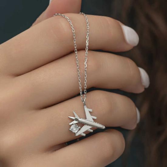 Silver Rhodium Single Stone Airplane Women’s Necklace