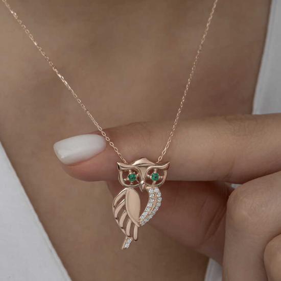 Silver Rose Green Eyed Owl Women’s Necklace