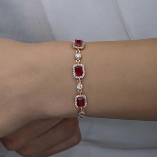 Silver Rose Baguette Red Stone Women’s Bracelet