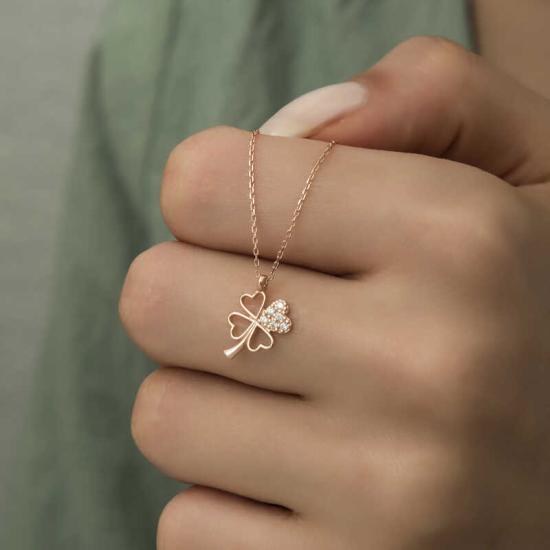 Silver Rose Heart Four Leaf Clover Women’s Necklace