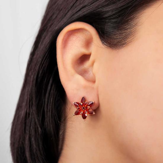 Gümüş Kırmızı Lotus Çiçeği Çivili Küpe