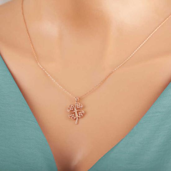 Silver Rose Heart Four Leaf Clover Women’s Necklace