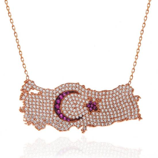Silver Rose Star and Crescent Türkiye Map Women’s Necklace