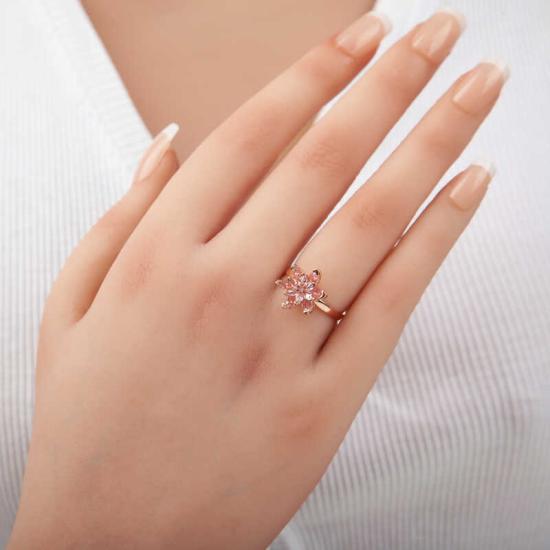 Silver Rose Pink Stone Lotus Flower Women’s Ring