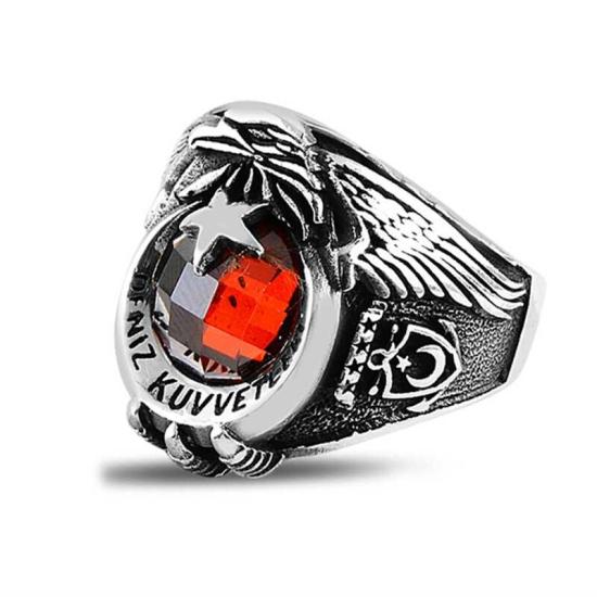 Silver Crescent Star Navy Red Stone Men’s Ring