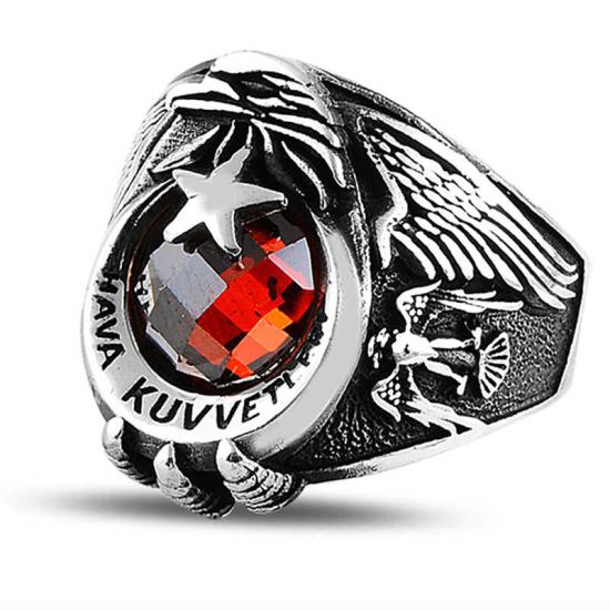 Silver Crescent Star Air Force Red Stone Men’s Ring