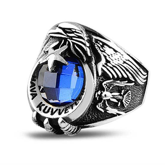 Silver Crescent Star Air Force Blue Stone Men’s Ring