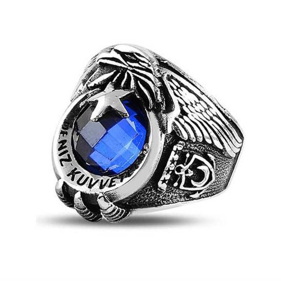 Silver Star and Crescent Navy Blue Stone Men’s Ring