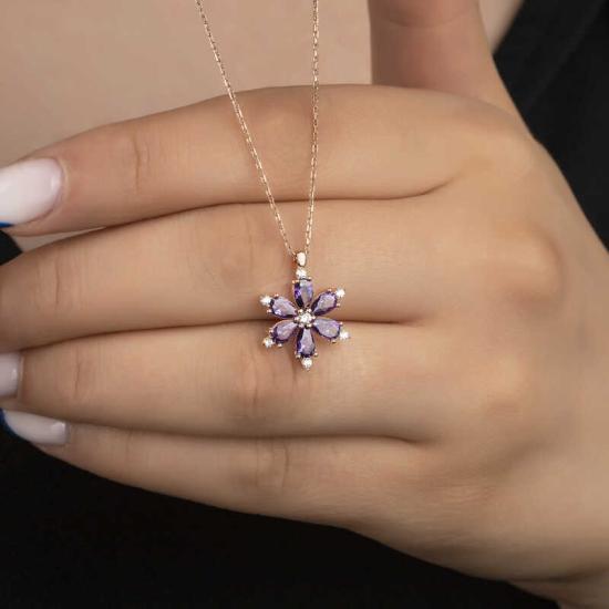 Silver Rose Purple Lotus Flower Women’s Necklace
