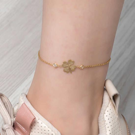 Silver Gold Clover Zircon Stone Anklet