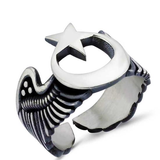 Silver Adjustable Crescent Star Wing Men’s Ring
