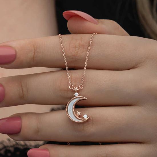 Silver Rose Crescent Star Women’s Necklace