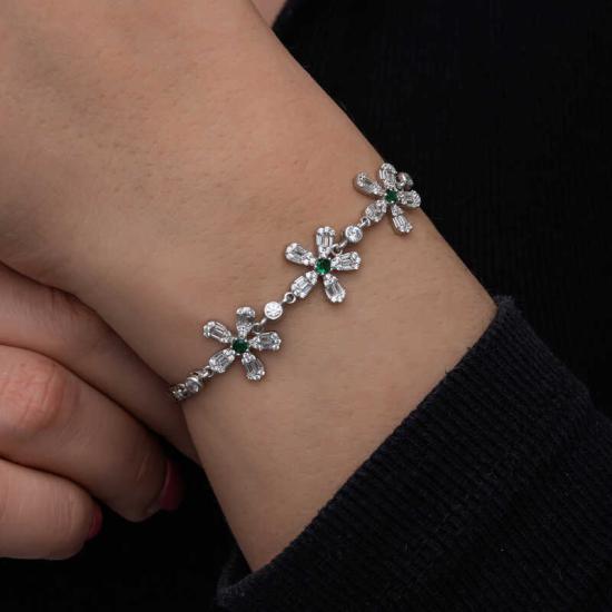 Silver Baguette Flower Patterned Women’s Bracelet