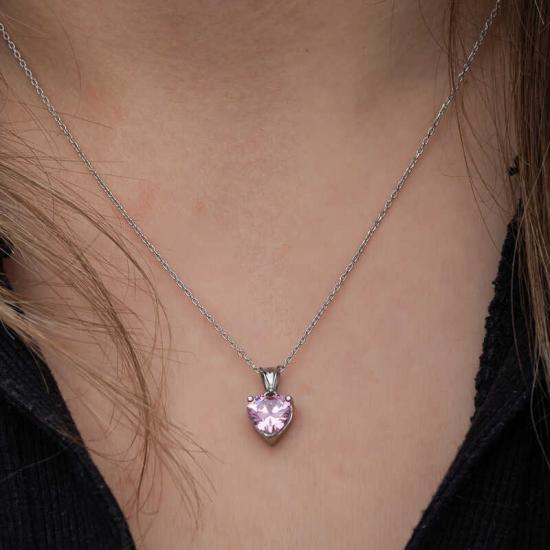 Silver Pink Stone Heart Women’s Necklace