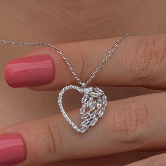Silver Baguette Stone Heart Women’s Necklace