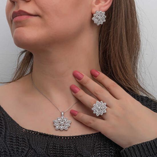 Silver Zircon Stone Flower Women’s Set