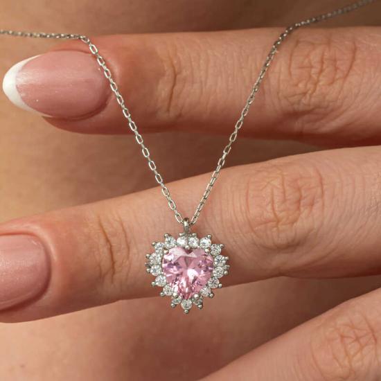 Silver Pink Stone Heart Women’s Necklace