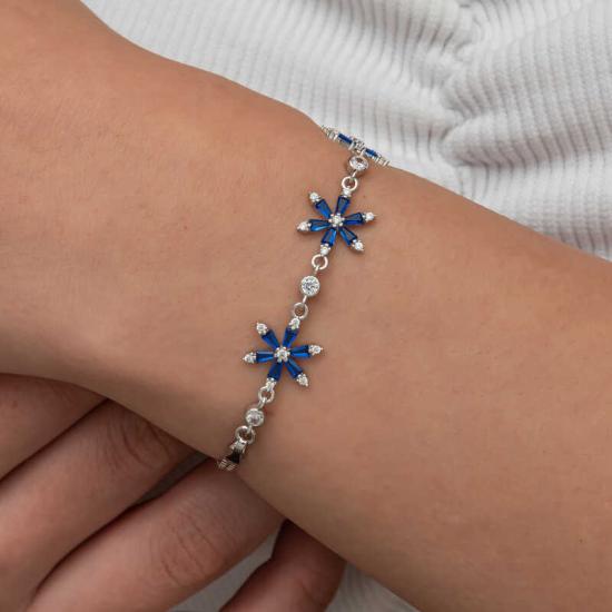 Silver Navy Blue Lotus Flower Women’s Bracelet
