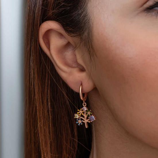 Gümüş Rose Renkli Taşlı Hayat Ağacı Kadın Küpe