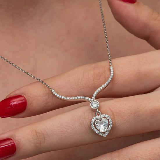 Silver White Zircon Stone Heart Women’s Necklace