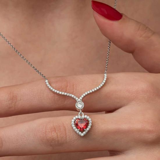 Silver Red Zircon Stone Heart Women’s Necklace