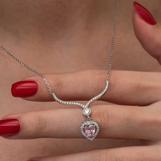 Silver Pink Zircon Stone Heart Women’s Necklace