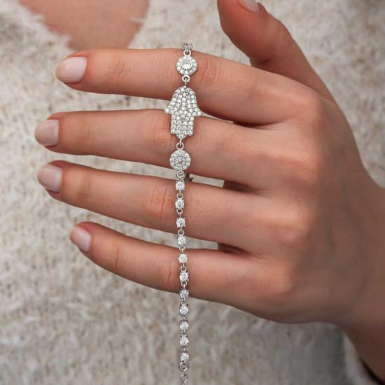 Silver Zircon Stone Fatima Hand Women’s Bracelet