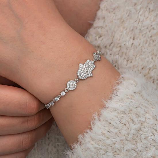 Silver Zircon Stone Fatima Hand Women’s Bracelet