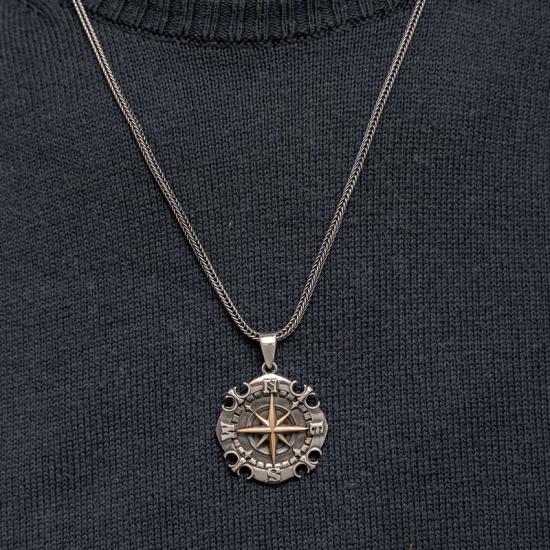 Silver Oxidized Compass Men’s Necklace
