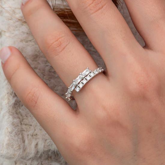 Silver Baguette Stone Half-Round Women’s Ring