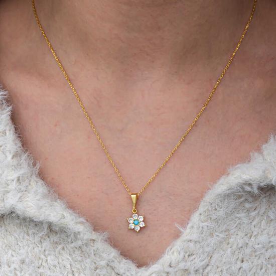 Gümüş Mavi Taşlı Gold Çiçek Kadın Kolye