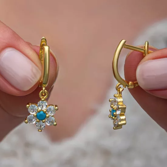 Gümüş Mavi Taşlı Gold Çiçek Kadın Küpe