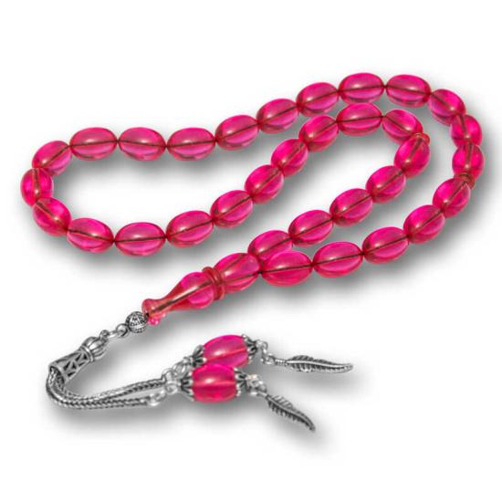Pink Fire Amber Prayer Beads with Silver Tassels