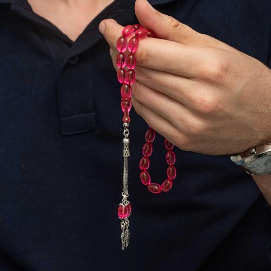 Pink Fire Amber Prayer Beads with Silver Tassels