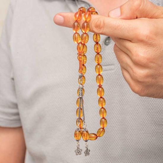 Fire Amber Prayer Beads with Silver Tassels