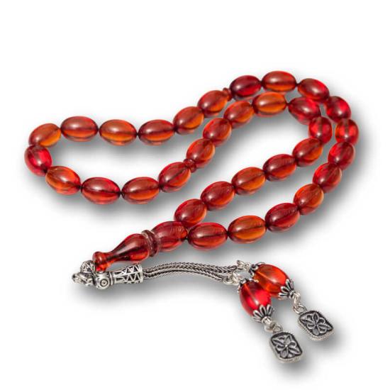 Fire Amber Prayer Beads with Silver Tassels