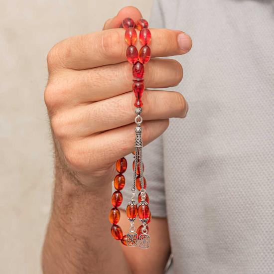 Fire Amber Prayer Beads with Silver Tassels
