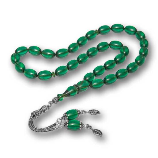 Green Fire Amber Prayer Beads with Silver Tassels
