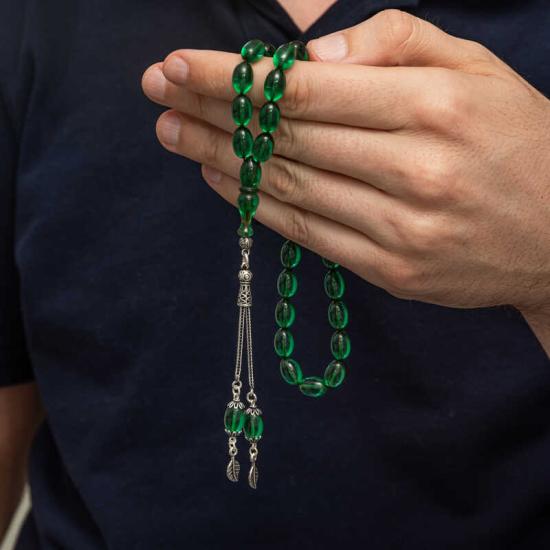 Green Fire Amber Prayer Beads with Silver Tassels