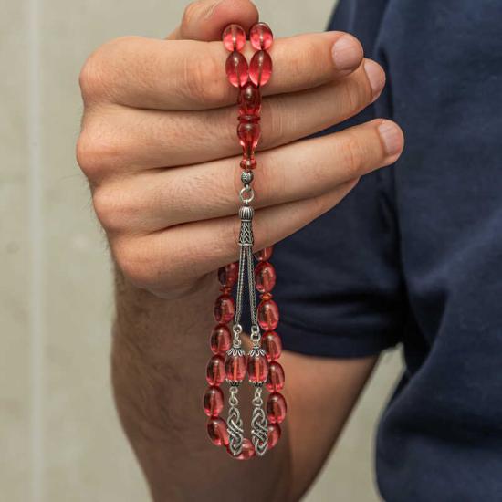 Fire Amber Prayer Beads with Silver Tassels