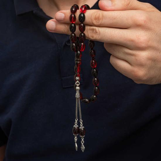 Silver Red Black Fire Amber Prayer Beads