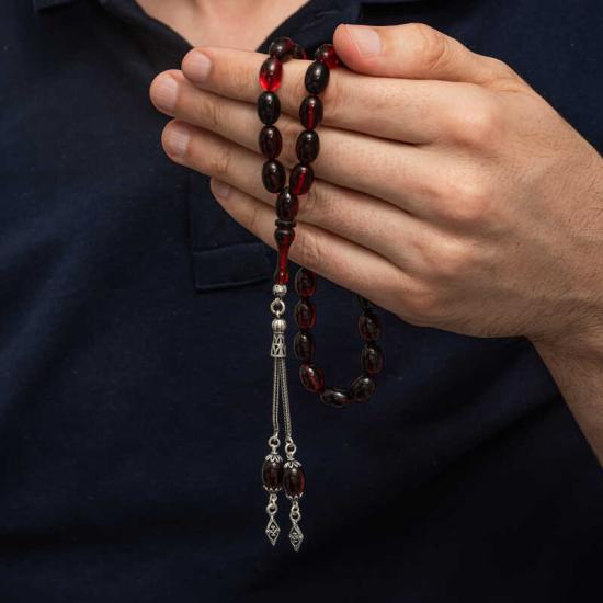 Silver Red Black Fire Amber Prayer Beads