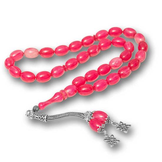 Pink Squeezed Amber Prayer Beads with Silver Tassels