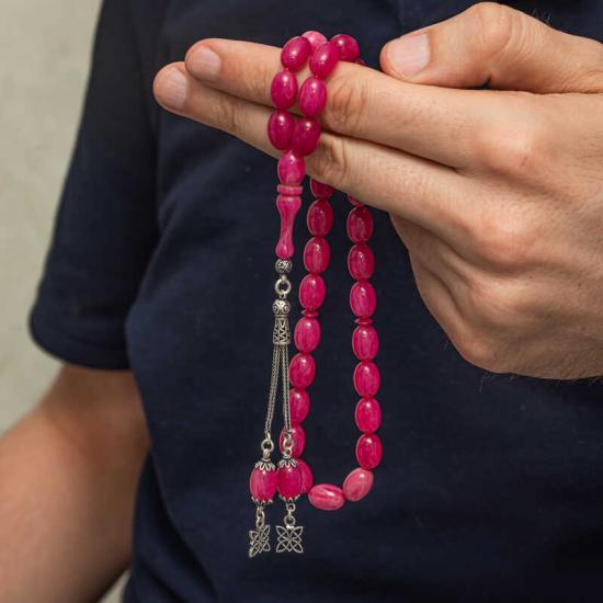 Gümüş Püsküllü Pembe Sıkma Kehribar Tesbih