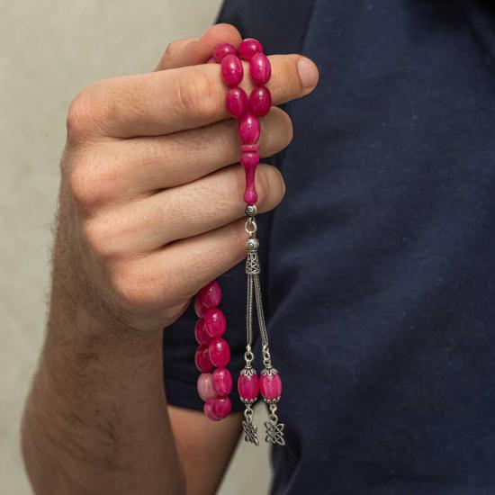 Pink Squeezed Amber Prayer Beads with Silver Tassels