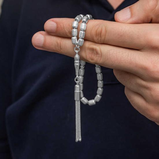 Silver Capsule Cut Striped Men’s Prayer Beads